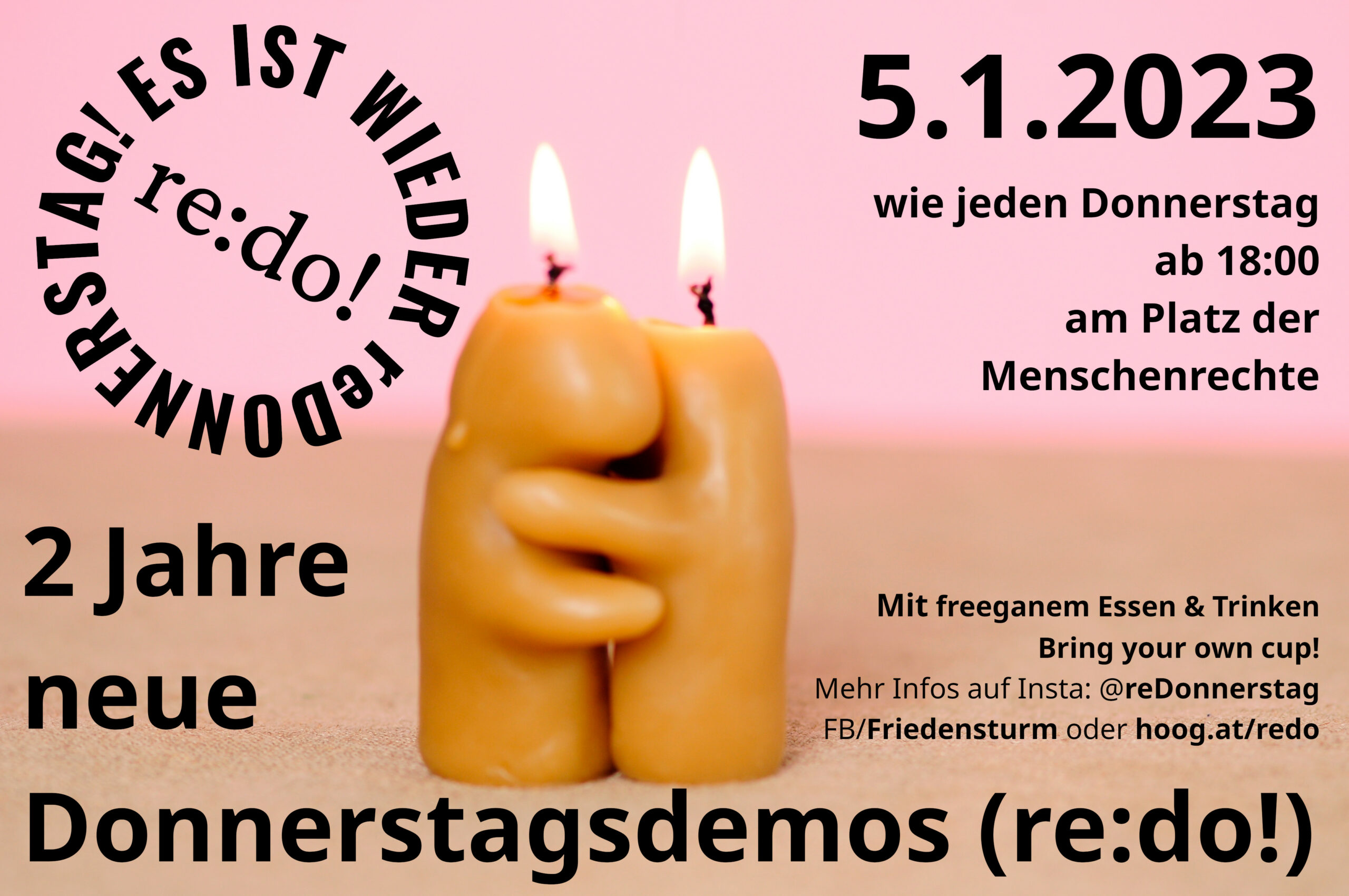 Zwei Jahre neue Donnerstagsdemos (re:do!) am am 05. 01. 2023., ab 18:00 am Platz der Menschenrechte in Wien
